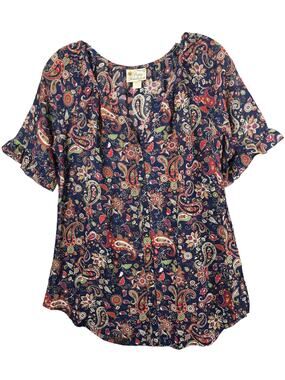 Pretty Rebellious Blue Floral Button Front Sheer Ruffle Sleeve Blouse Small